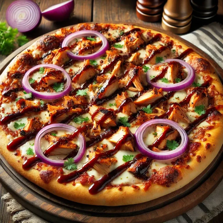 BBQ Chicken pizza with a golden-brown crust, topped with smoky BBQ sauce, grilled chicken, mozzarella, and red onions.