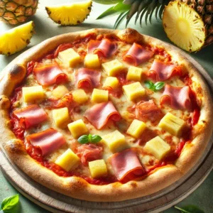 Hawaiian pizza with a golden, crispy crust, topped with juicy pineapple chunks and savory ham slices.