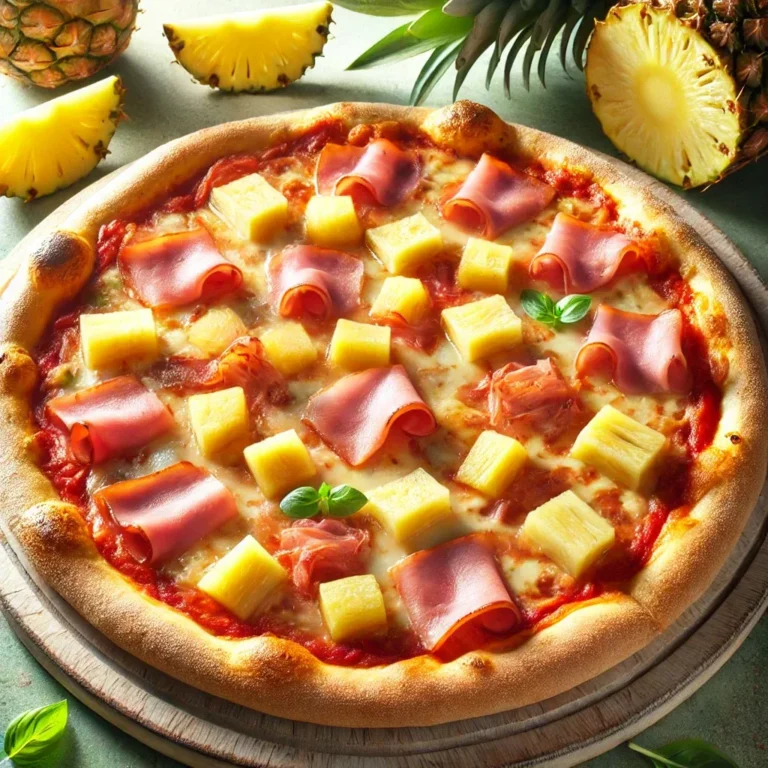 Hawaiian pizza with a golden, crispy crust, topped with juicy pineapple chunks and savory ham slices.