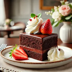 http://Chocolate%20cake%20topped%20with%20whipped%20cream%20and%20strawberries%20on%20a%20dessert%20plate.