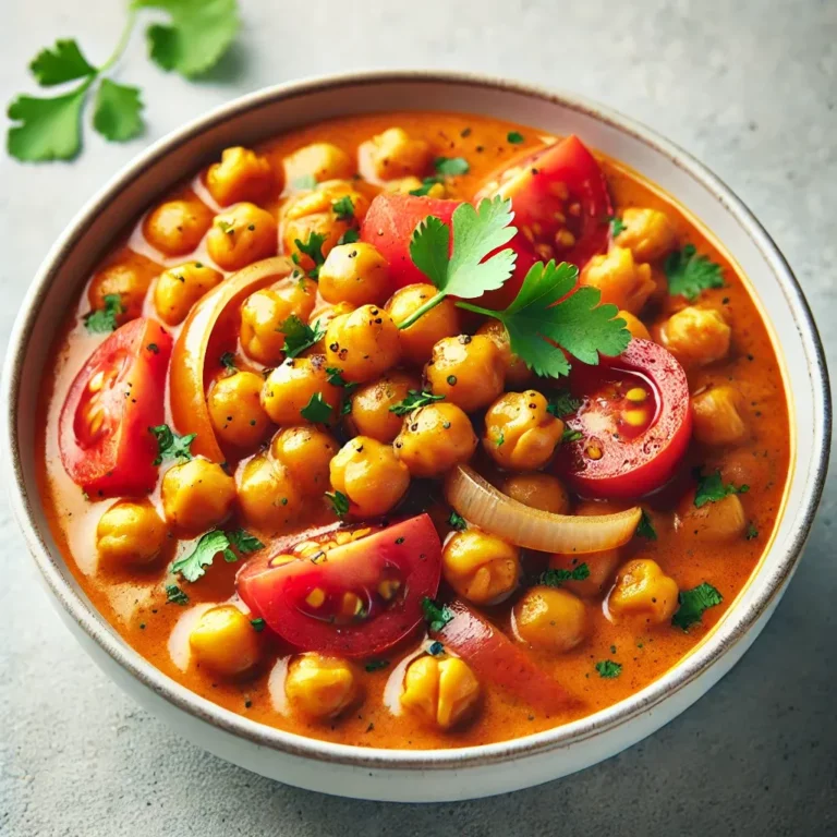 A bowl of chickpea curry with tender chickpeas in a creamy curry sauce, garnished with fresh cilantro, served in a white bowl.