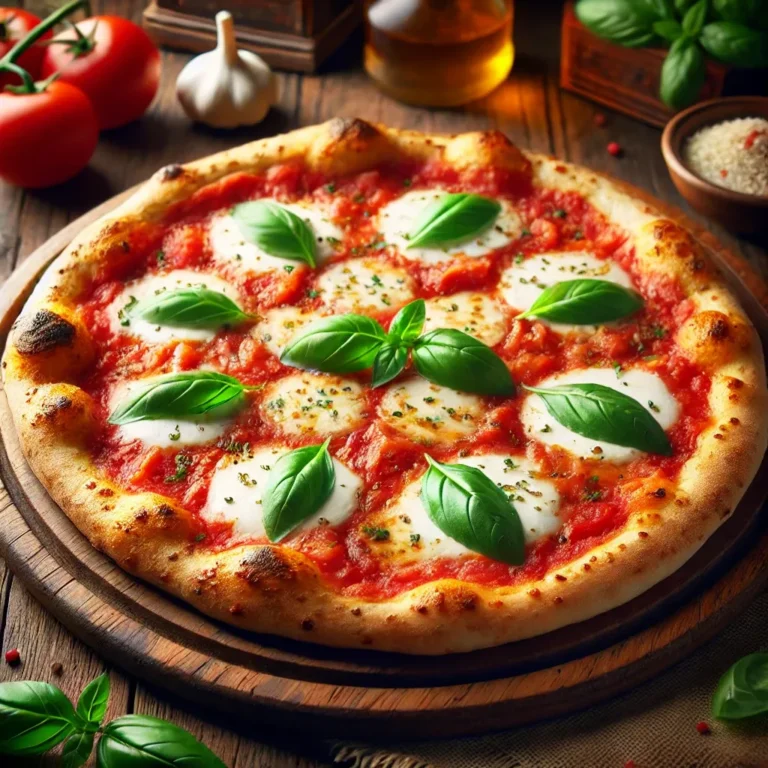 Classic Margherita pizza with a thin, golden-brown crust, topped with fresh mozzarella and basil leaves.