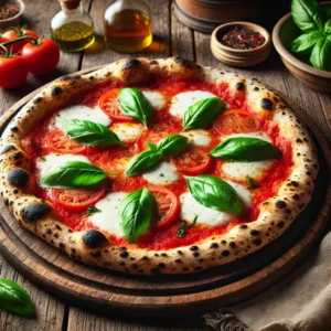 Classic Neapolitan pizza with a thin, charred crust, topped with fresh tomato sauce, buffalo mozzarella, and basil leaves.