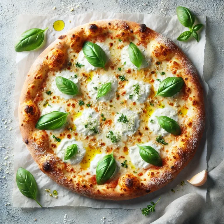 White Pizza with mozzarella, ricotta, and Parmesan cheese, topped with fresh basil and garlic-infused olive oil.