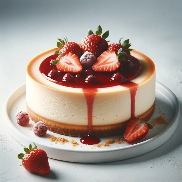 Classic cheesecake with a creamy filling and graham cracker crust, topped with fresh strawberries and berry sauce.