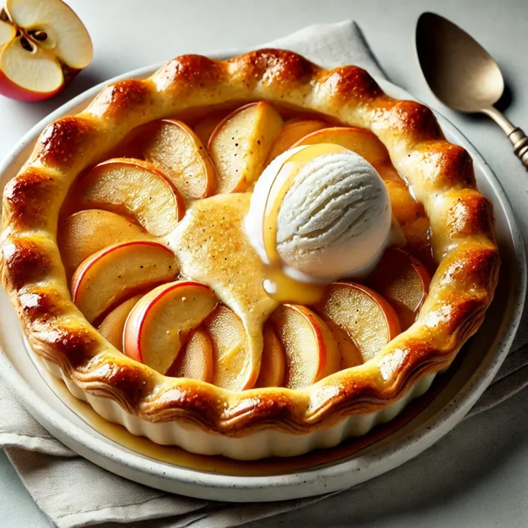 Classic apple pie with a golden-brown crust, served with a scoop of vanilla ice cream.