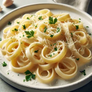 Plate of Fettuccine Alfredo with creamy Alfredo sauce, garnished with fresh parsley and Parmesan cheese.