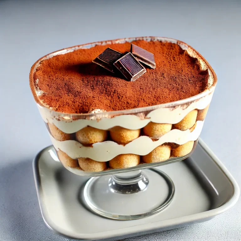 Classic tiramisu with layers of coffee-soaked ladyfingers and mascarpone, dusted with cocoa powder and garnished with chocolate shavings.