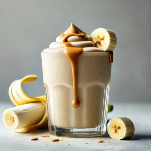 A creamy banana peanut butter smoothie in a clear glass, topped with peanut butter drizzle and banana slices.