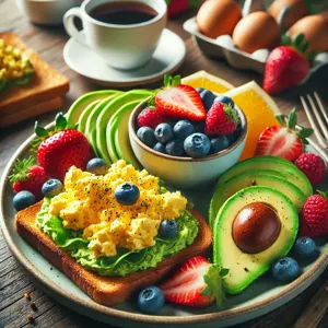 http://Breakfast%20spread%20with%20scrambled%20eggs,%20toast,%20avocado%20slices,%20fresh%20fruit,%20and%20a%20cup%20of%20coffee.