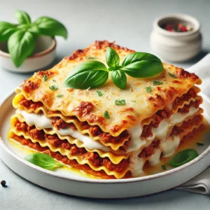 A plate of Lasagna Bolognese with layers of pasta, rich Bolognese sauce, creamy béchamel, and melted mozzarella cheese, garnished with fresh basil.