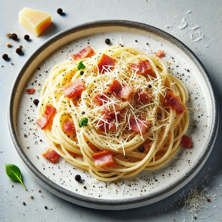 Plate of Spaghetti Carbonara with crispy pancetta, Parmesan cheese, and cracked black pepper.