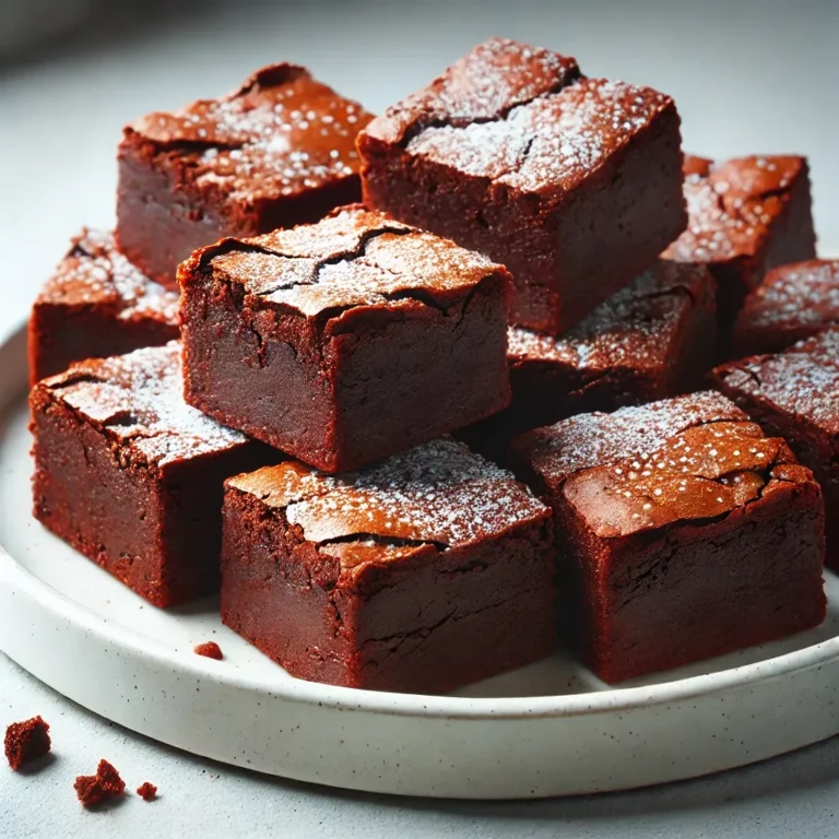 A plate of fudgy brownies with a cracked top, moist interior, and a light dusting of powdered sugar.