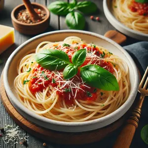 http://Spaghetti%20pasta%20topped%20with%20tomato%20sauce,%20fresh%20basil,%20and%20grated%20parmesan.