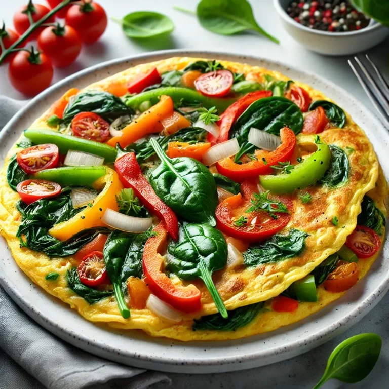 A freshly cooked vegetable omelette filled with sautéed bell peppers, spinach, onions, and tomatoes, served on a white plate.