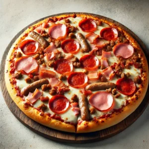 Meat Lovers pizza with melted cheese, pepperoni, sausage, bacon, and ham on a golden-brown crust.