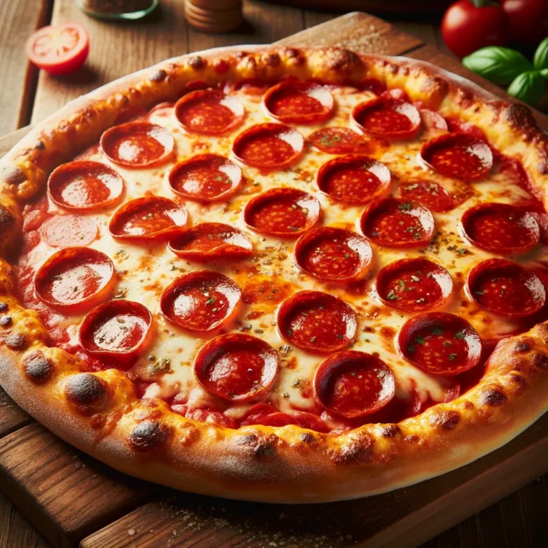 Pepperoni pizza with a golden-brown, crispy crust, topped with melted mozzarella and slices of pepperoni.