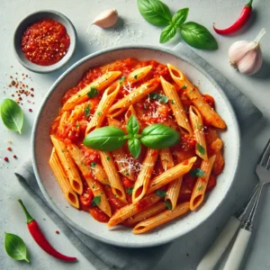 Penne Arrabbiata with spicy tomato sauce, garnished with fresh basil and Parmesan cheese.