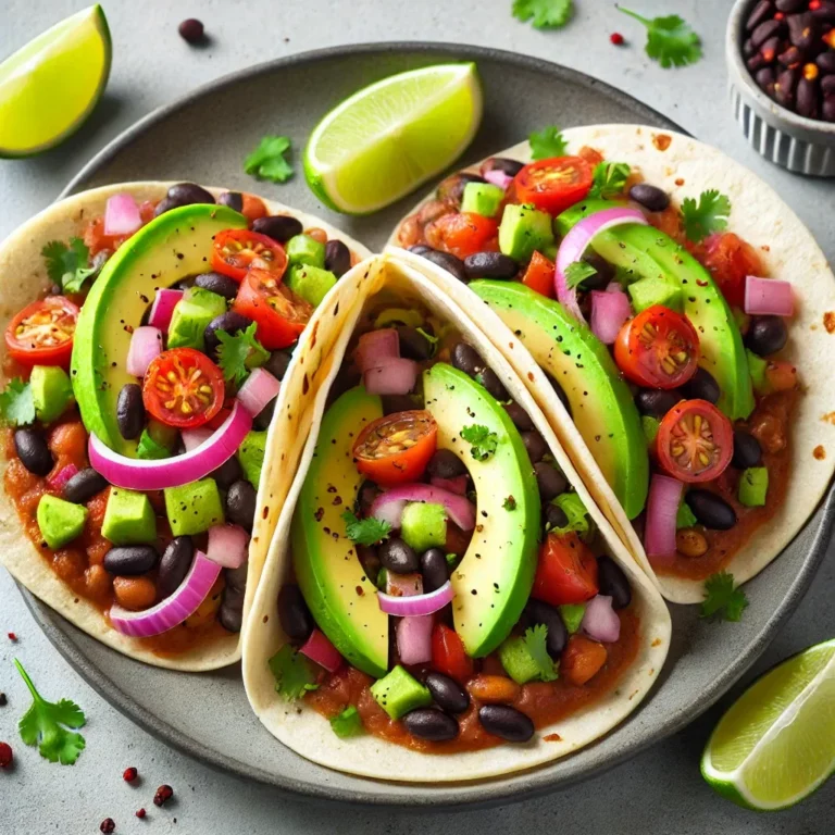 A plate of vegan tacos with seasoned black beans, avocado slices, diced tomatoes, red onions, and cilantro, served on soft corn tortillas.