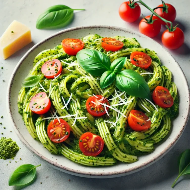 Pesto Pasta with fresh basil pesto sauce, garnished with cherry tomatoes, Parmesan, and basil leaves.