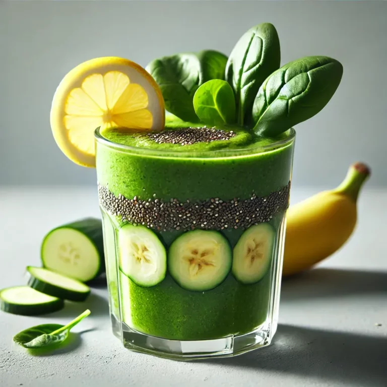 A refreshing green detox smoothie in a clear glass, made with spinach, banana, green apple, and cucumber, garnished with chia seeds and a lemon slice.