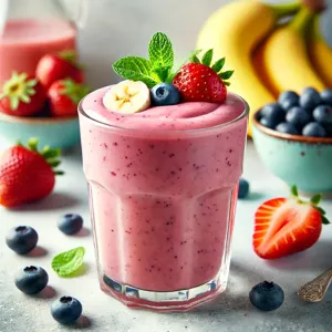 http://Smoothie%20made%20with%20strawberries,%20bananas,%20blueberries,%20and%20garnished%20with%20a%20mint%20leaf.