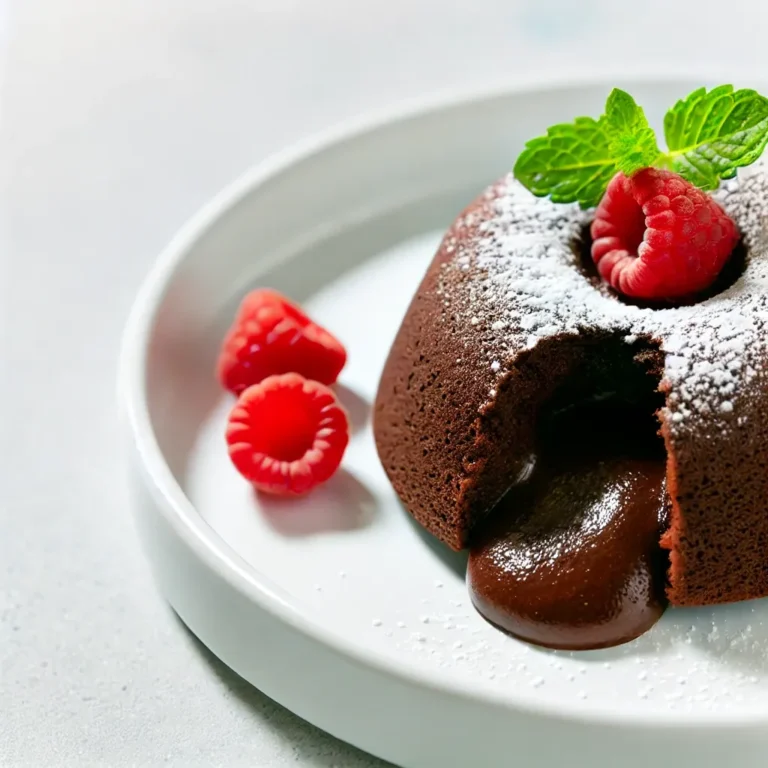 Chocolate lava cake with molten center, dusted with powdered sugar, and garnished with raspberries and mint.