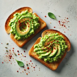 Avocado toast on whole-grain bread topped with red pepper flakes and fresh herbs.