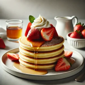 A stack of fluffy pancakes topped with maple syrup, strawberries, and whipped cream.