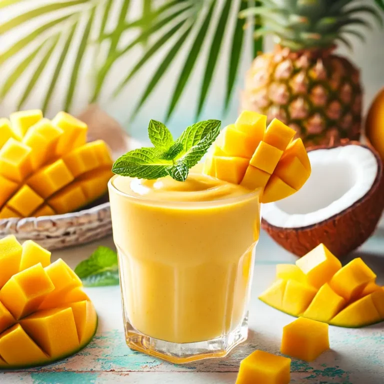 Tropical mango smoothie in a clear glass, topped with mango chunks and mint leaves.