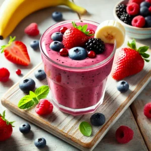 A vibrant and fresh berry smoothie in a clear glass with a mix of strawberries, blueberries, raspberries, and blackberries.