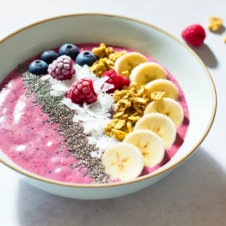 A vibrant smoothie bowl topped with fresh fruits, granola, chia seeds, and shredded coconut, served in a white bowl.