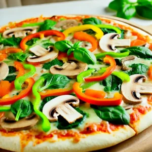 A vibrant veggie pizza with a golden, crispy crust, topped with bell peppers, mushrooms, spinach, onions, and tomatoes.