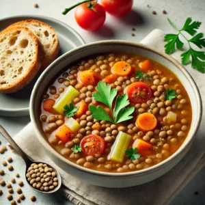 A warm bowl of lentil soup with lentils, carrots, celery, and tomatoes, garnished with fresh parsley and served with a slice of bread.